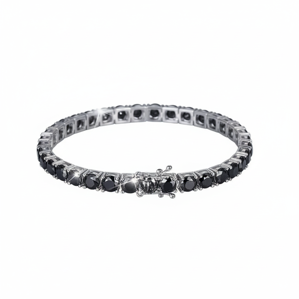 Black moissanite tennis bracelet on white background