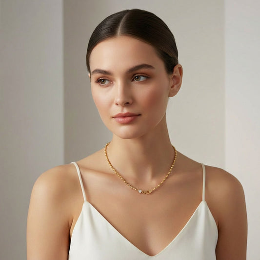 S925 Golden Bead Chain Necklace with Moissanite Accent