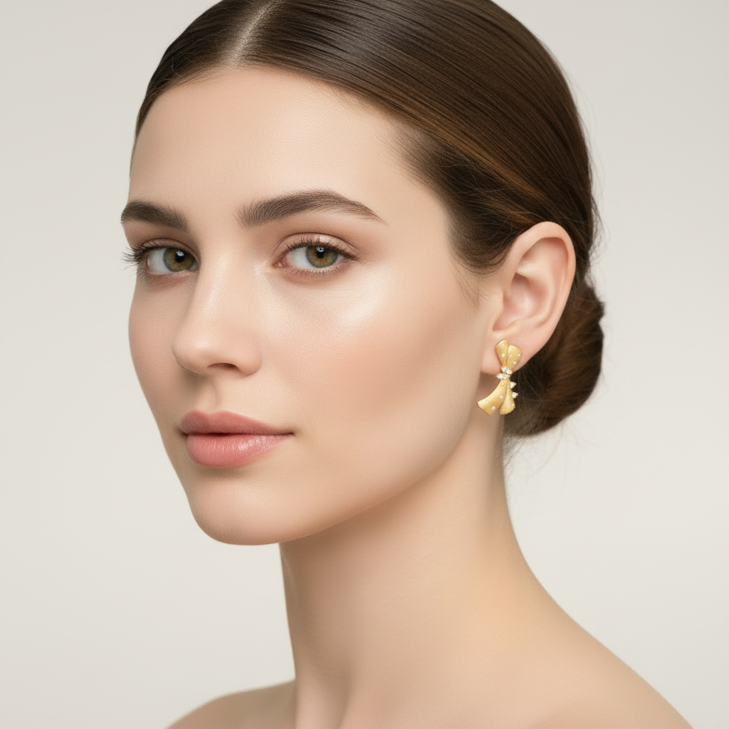 Gold Bow Earrings - Elegant Moissanite Ribbon Drop Earrings