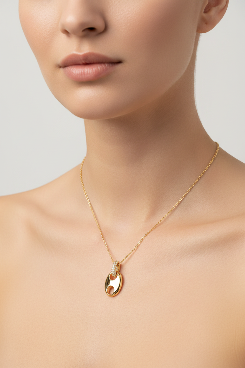 Gold plated moissanite pendant necklace on model