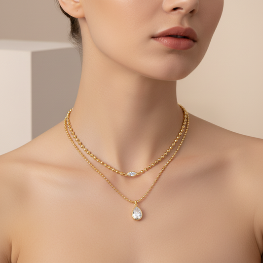 Layered moissanite necklace on model