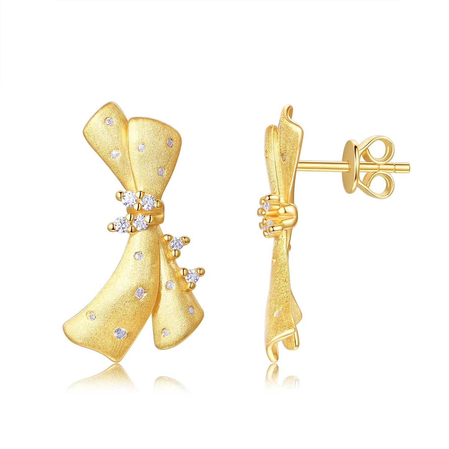 Gold Bow Earrings - Elegant Moissanite Ribbon Drop Earrings