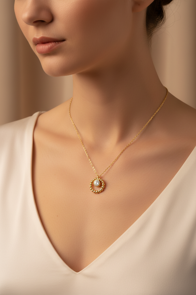 Beaded circle moissanite necklace on model