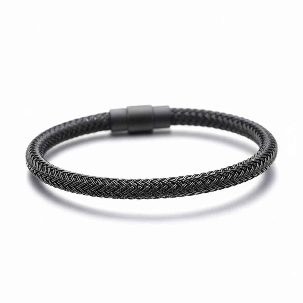 Black braided bracelet on white background