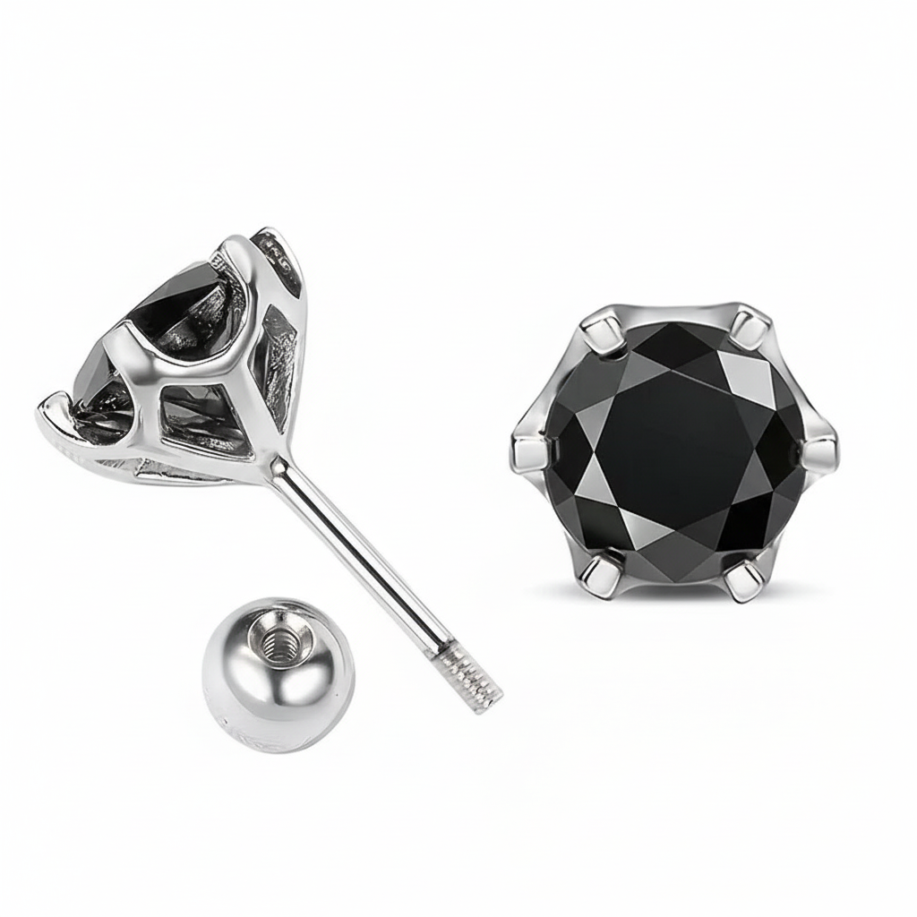 Black moissanite earring with screw-back detail on white background