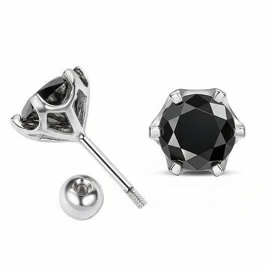 Black moissanite earring with screw-back detail on white background