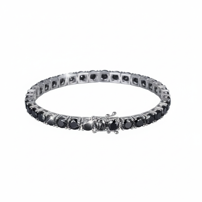 Black moissanite tennis bracelet on white background