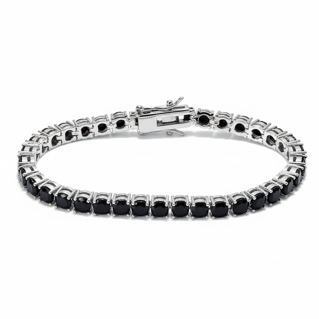 Black moissanite tennis bracelet on white background