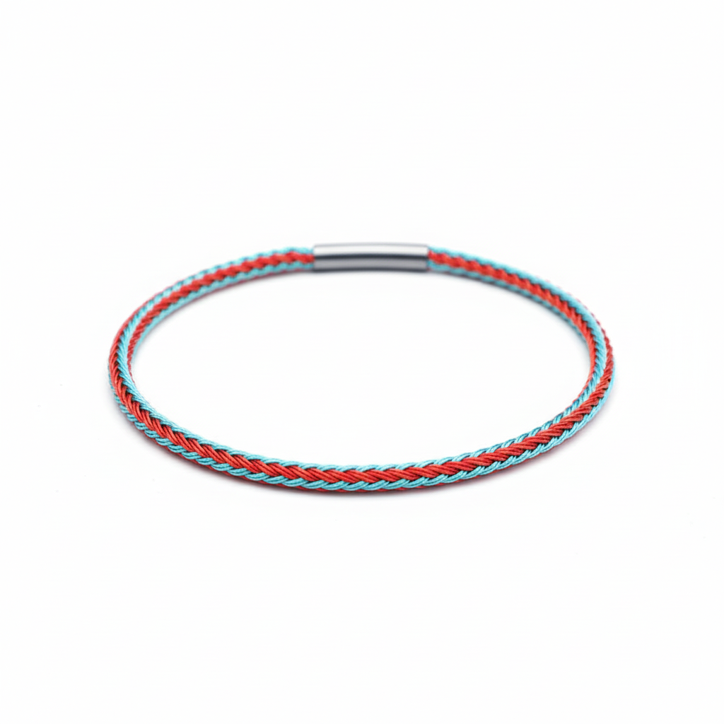 Braided bracelet with red and turquoise pattern on white background