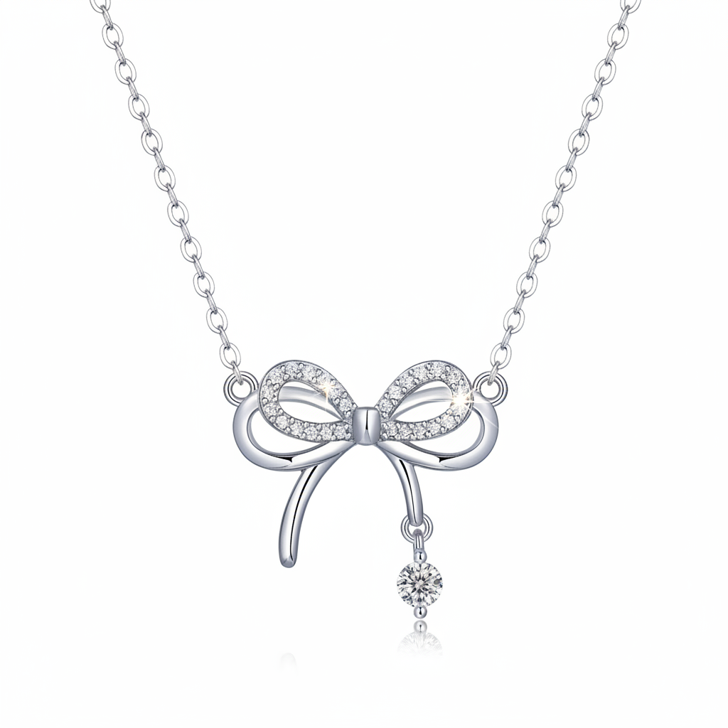 Enhanced silver bow necklace with moissanite stones