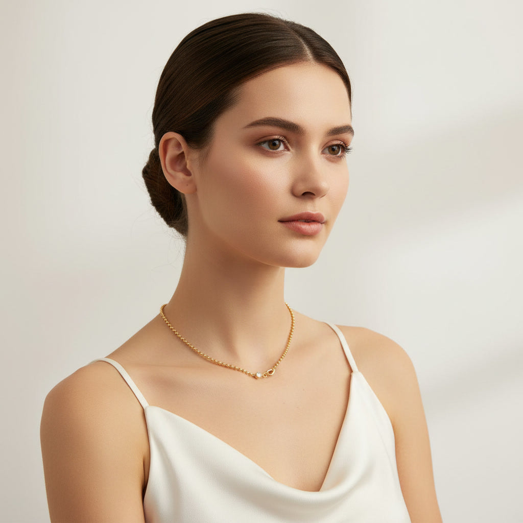 S925 Golden Bead Chain Necklace with Moissanite Accent