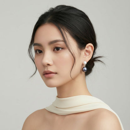 Baroque Pearl Drop Earrings - White & Dark Blue Freshwater Pearls