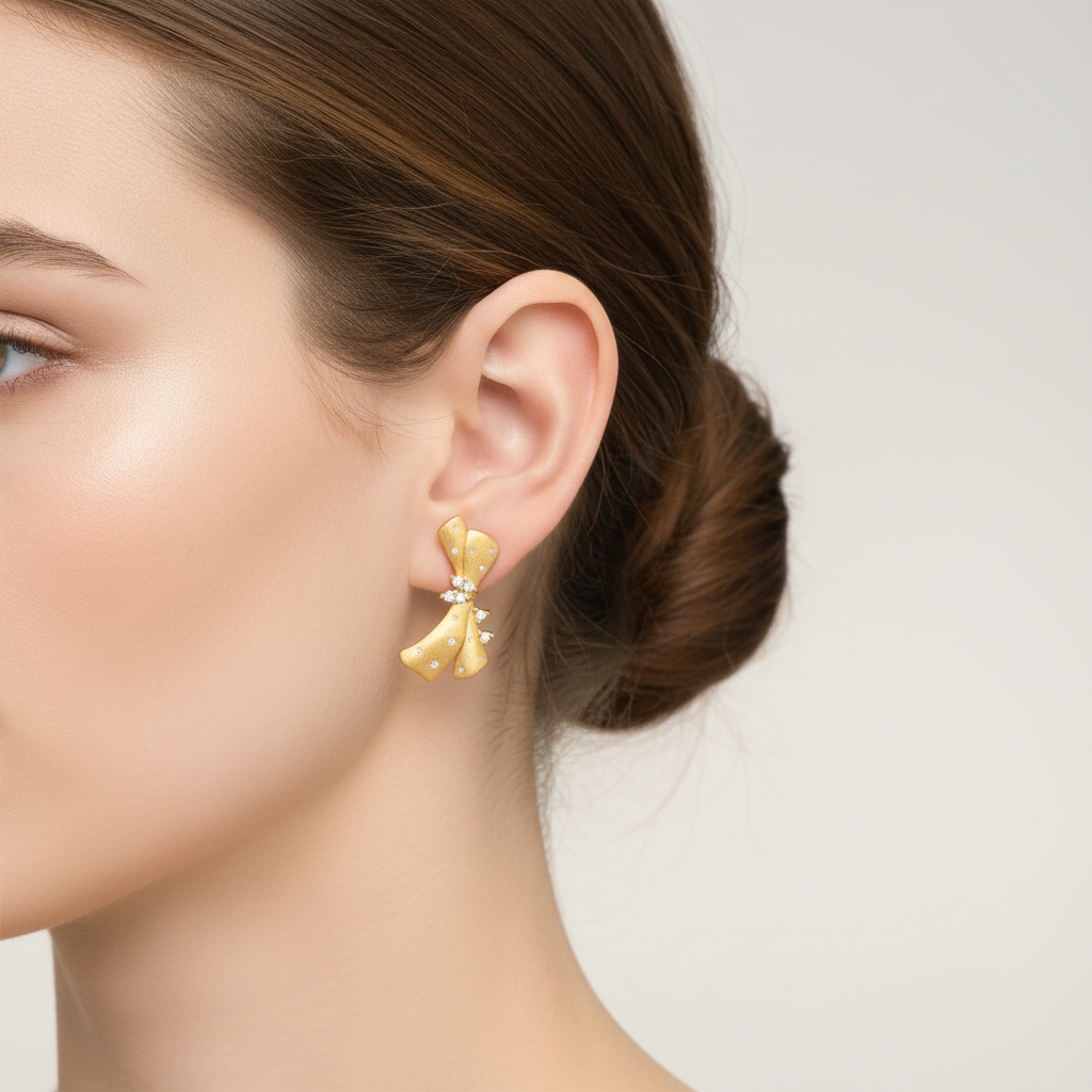 Gold Bow Earrings - Elegant Moissanite Ribbon Drop Earrings
