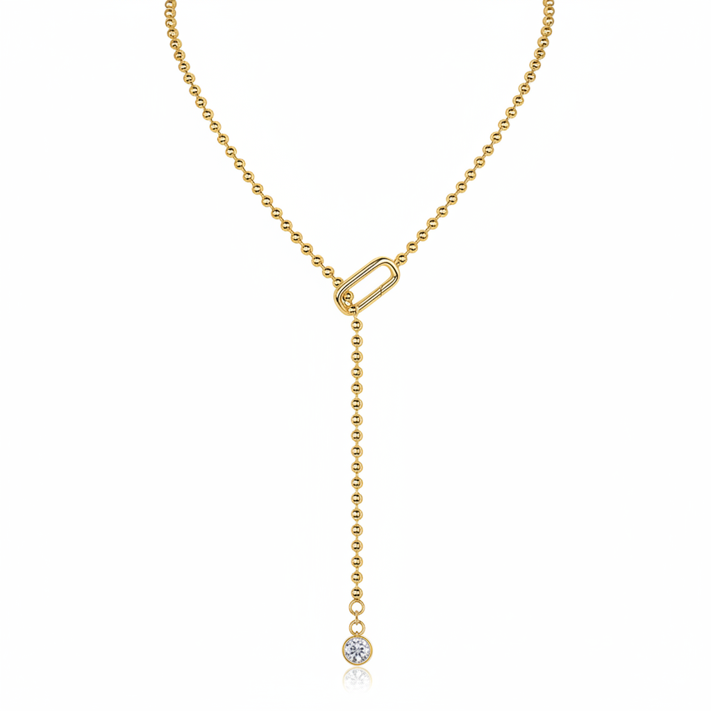Gold plated moissanite tassel necklace white background