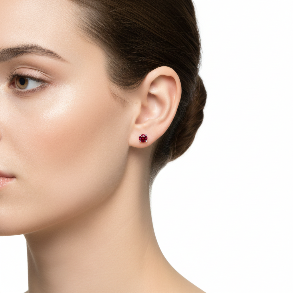 Model wearing garnet earrings - realistic elegant photoshoot