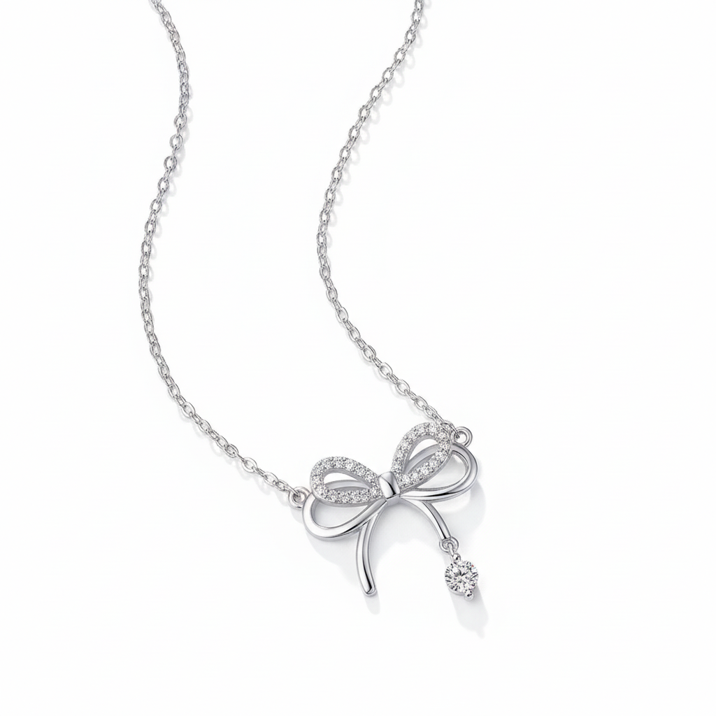 Moissanite bow necklace on white background