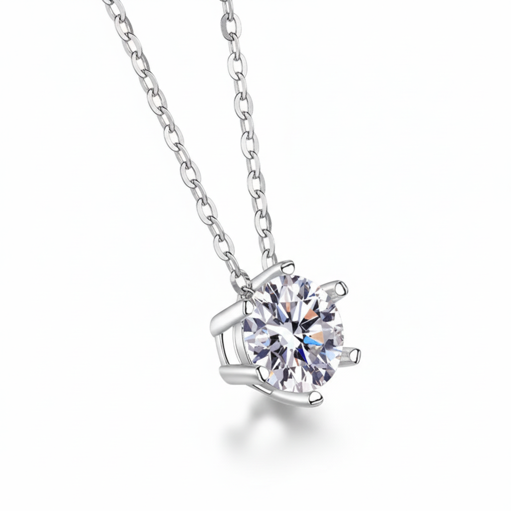 Moissanite solitaire pendant necklace on white background