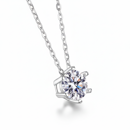 Moissanite solitaire pendant necklace on white background
