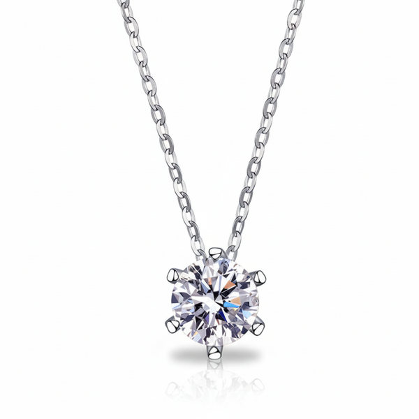 Moissanite solitaire pendant necklace on white background