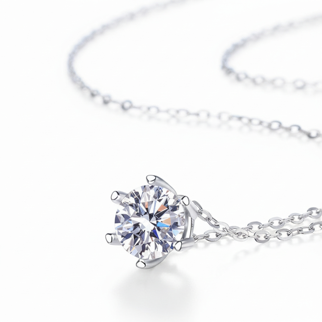 Moissanite solitaire pendant necklace on white background