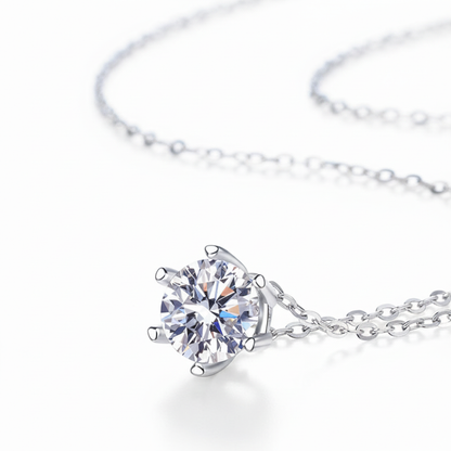 Moissanite solitaire pendant necklace on white background