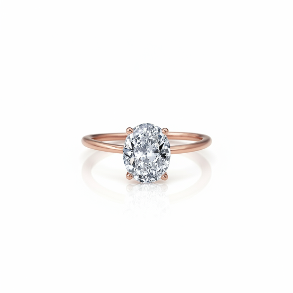 Rose gold moissanite ring with white background