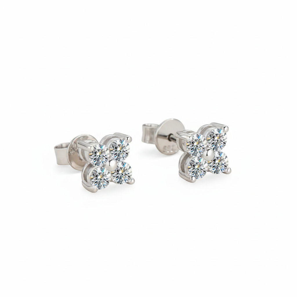 Silver flower earrings with white background