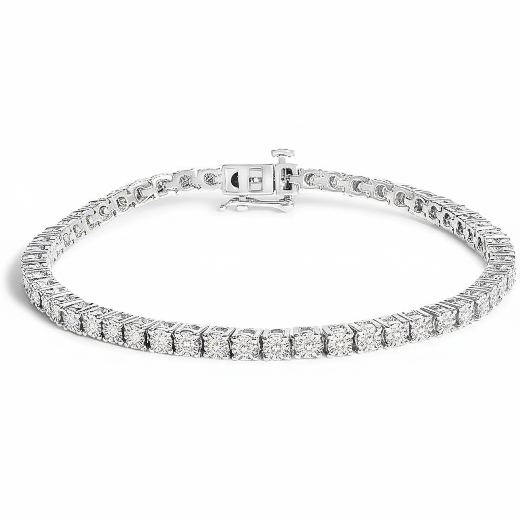 Silver tennis bracelet with neutral color on white background