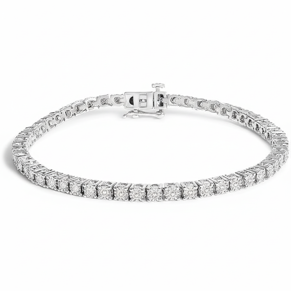 Silver tennis bracelet with neutral color on white background