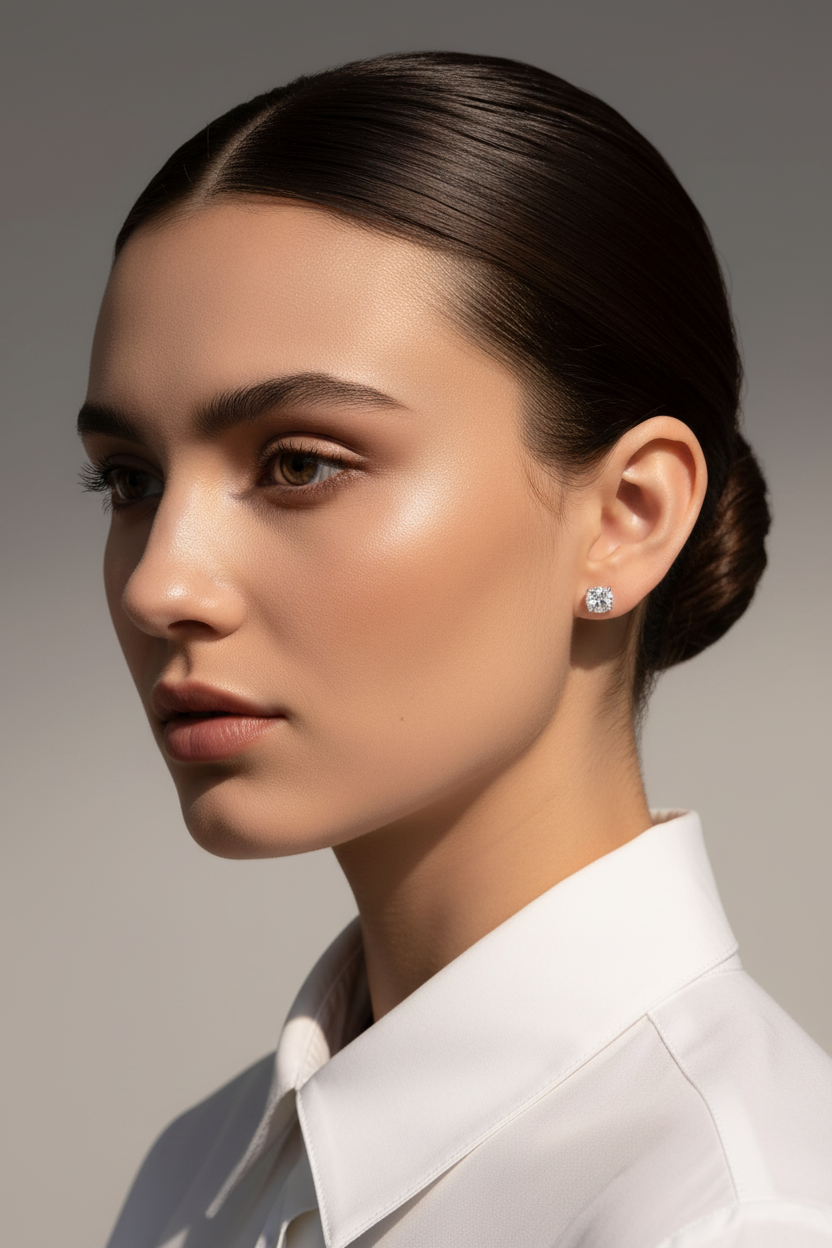 VVS1 moissanite earrings on European model with hair in bun - minimal elegant photoshoot