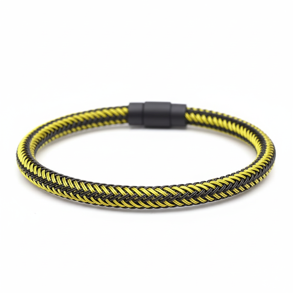 Yellow and black braided bracelet on white background